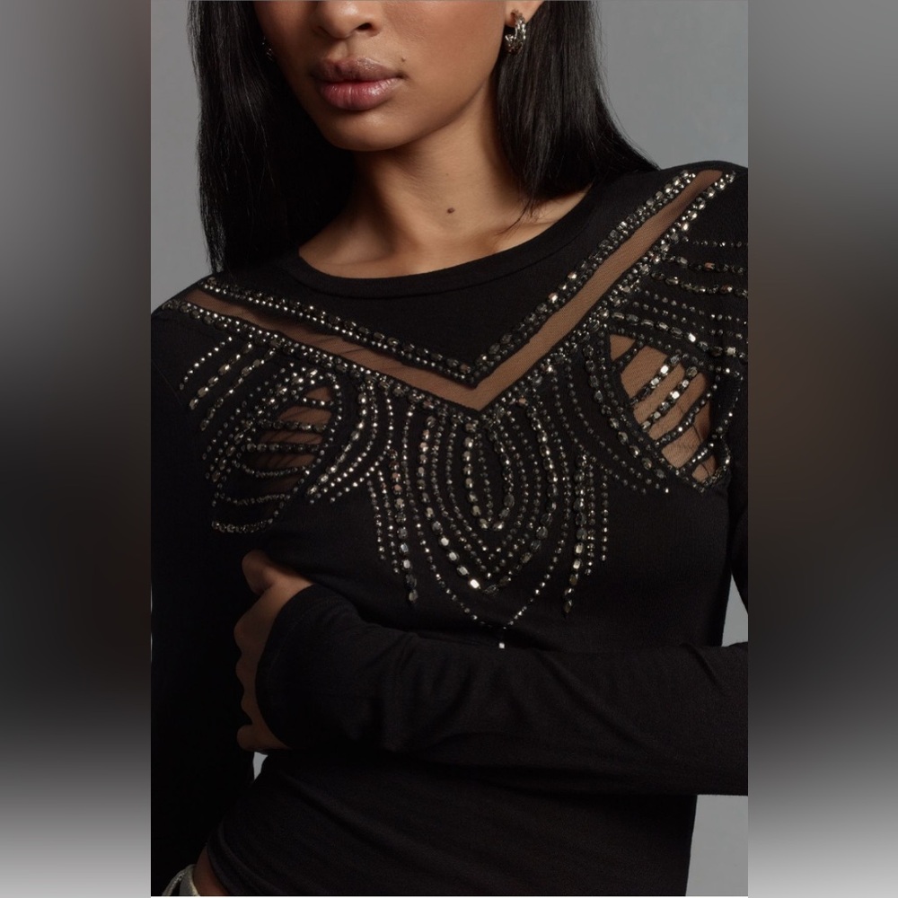✨ Anthropologie Long-Sleeve Beaded Appliqué Top Sz S - Picture 1 of 6